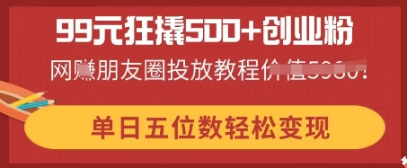99元狂撬500+创业粉，单日五位数轻松变现，网创朋友圈投放教程-苏仟云分享